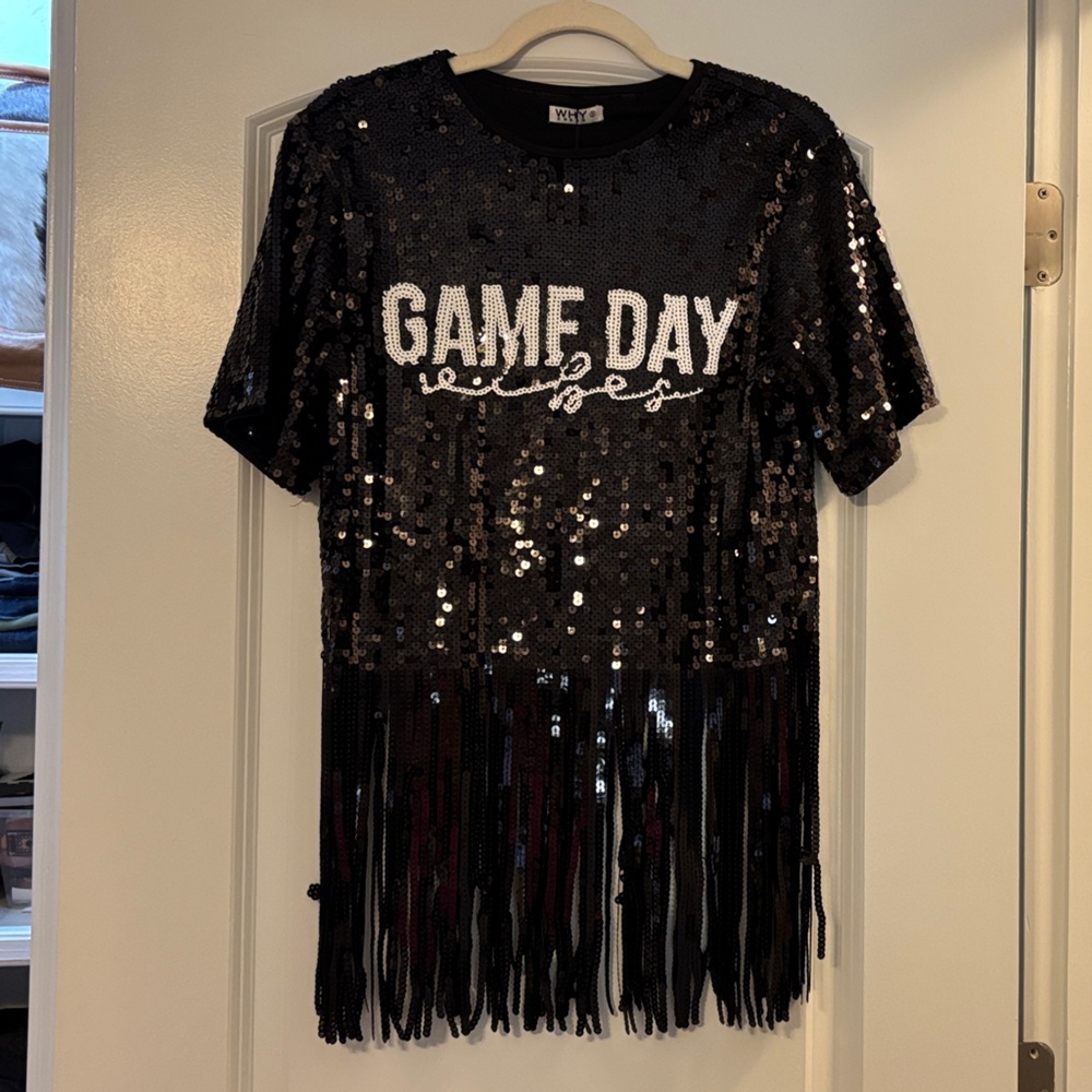 Black Sequin Game Day Fringe Top